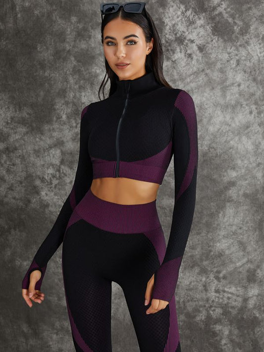3 Pieces Long Sleeve Zippers Fitness Suit