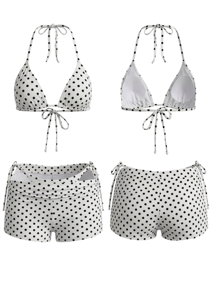 White Polka Dot Bikini with Matching Short Cover-Up 3-Piece Set