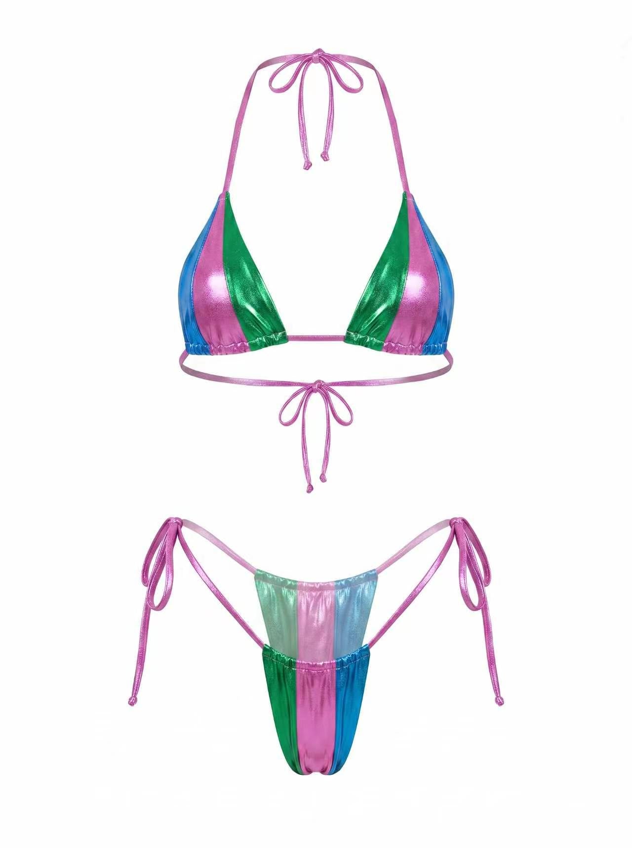 Lace-up Rainbow Contrast Color Splicing Bikini Set