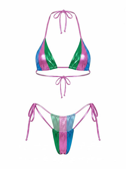 Lace-up Rainbow Contrast Color Splicing Bikini Set