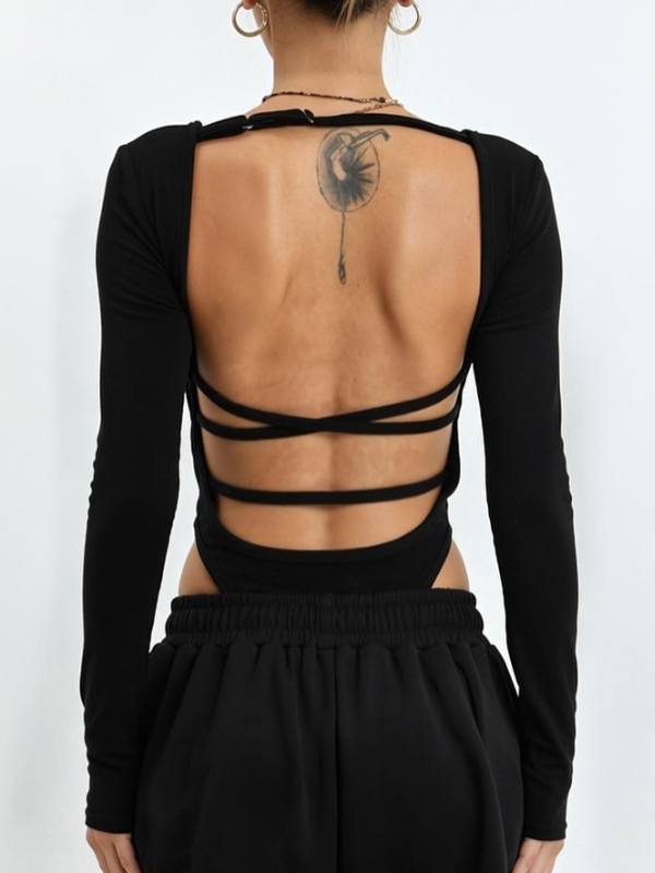 Sexy Tie-Back Open-Back Long-Sleeve Bodysuit