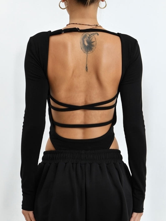 Sexy Tie-Back Open-Back Long-Sleeve Bodysuit