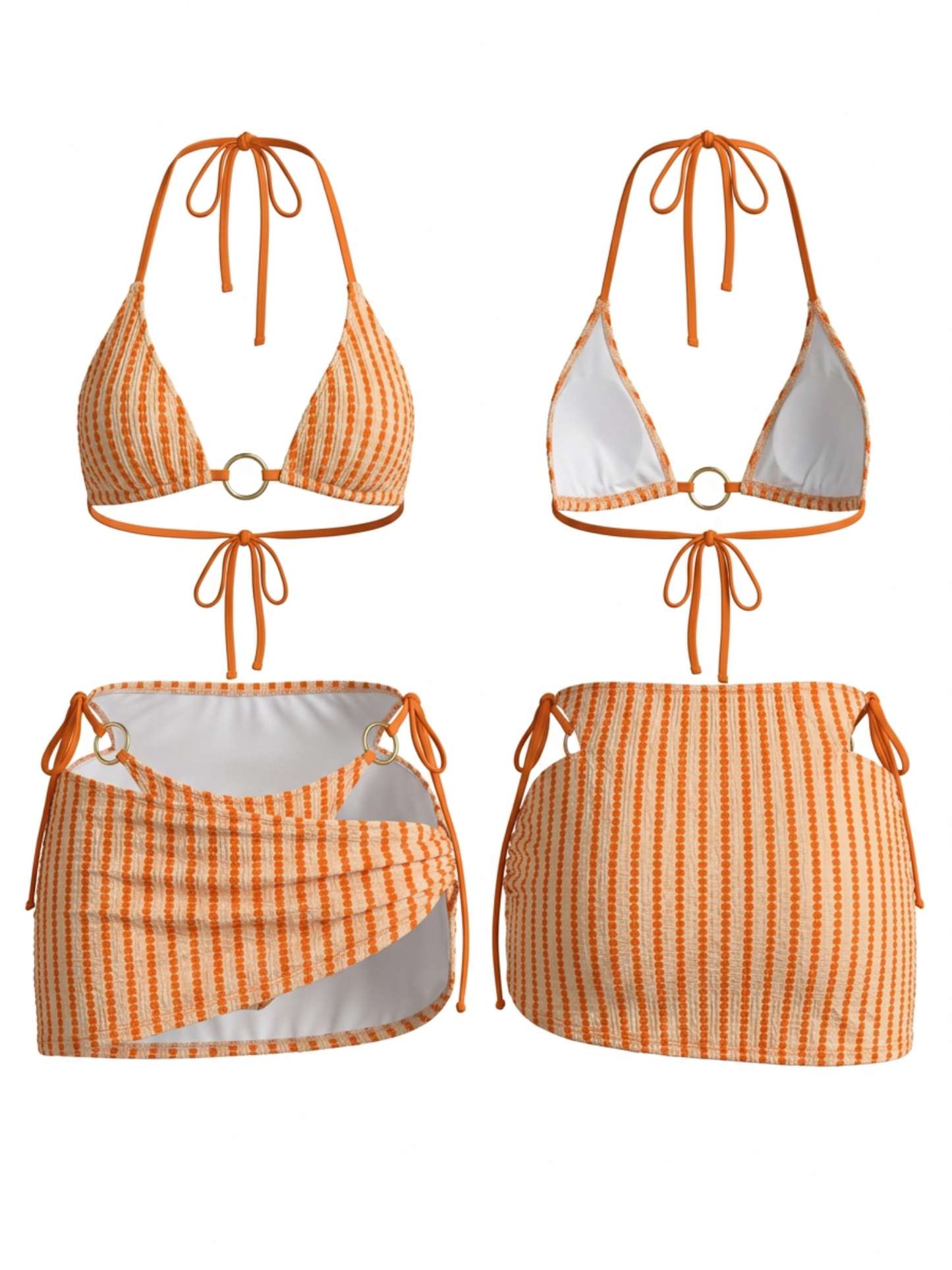 Orange White Gingham Bikini with Ring Detail Skirt 3-Piece Set