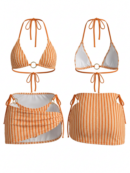 Orange White Gingham Bikini with Ring Detail Skirt 3-Piece Set