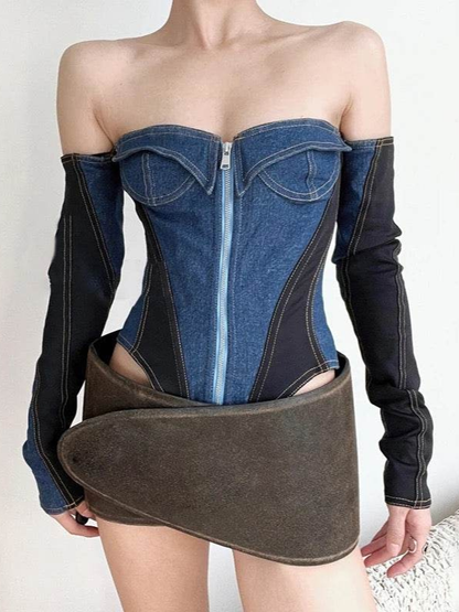 Fashion Sexy Stretch Color Block Denim Patchwork Slim Tube Top Bodysuit
