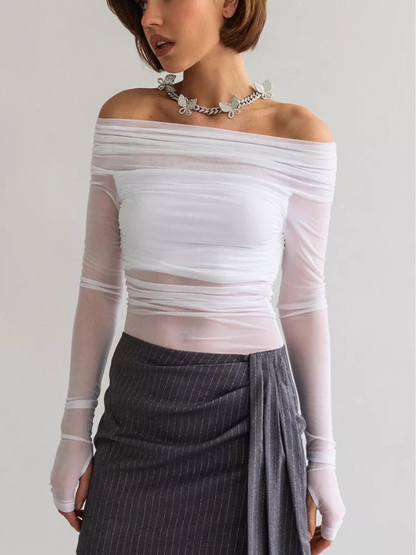 Sexy Strapless Sheer Mesh Long Sleeve Bodysuit