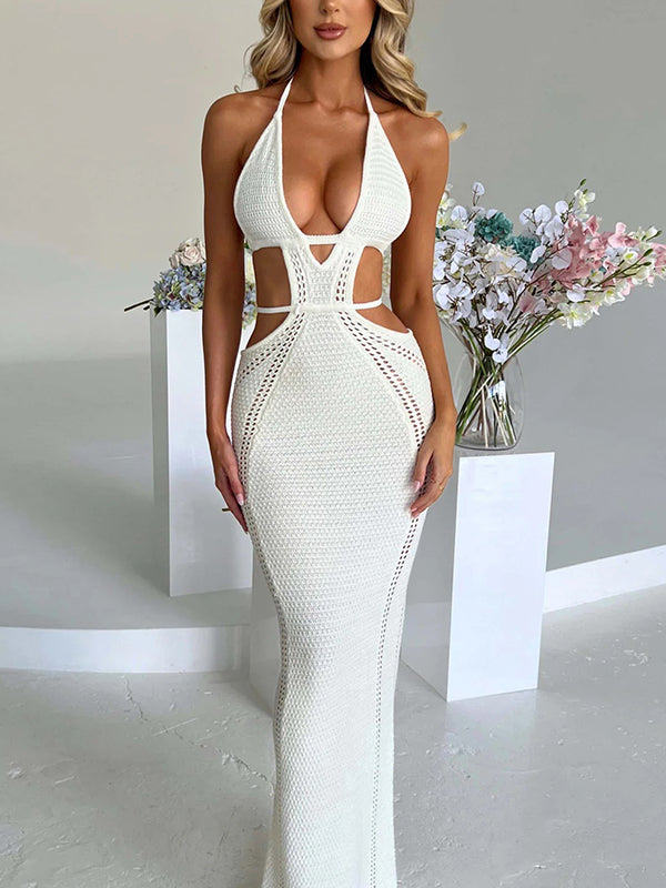 Vacation Style Sexy Halter Strapless Hollow Out Tie Dress