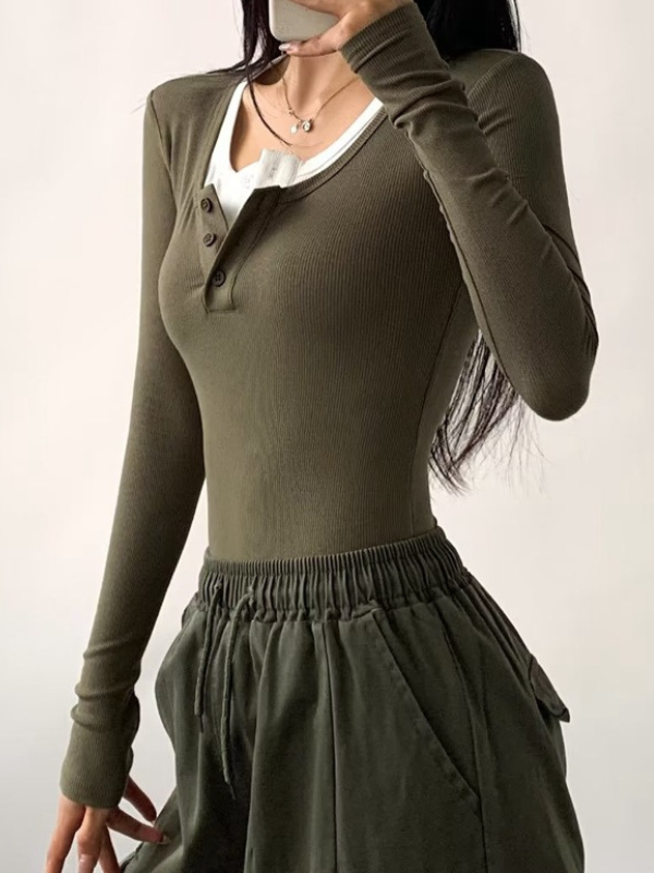 Color-Block V-Neck Ribbed Fashion Bodysuit