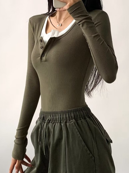 Color-Block V-Neck Ribbed Fashion Bodysuit