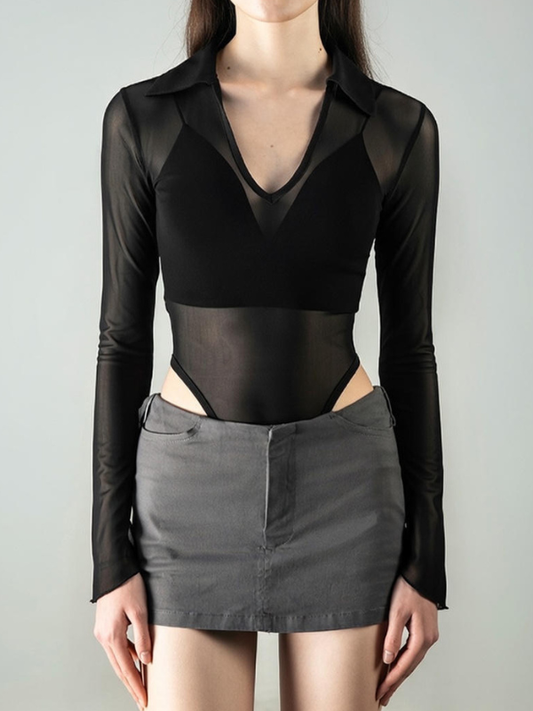 Sexy Mesh Panel Long Sleeve Bodycon Bodysuit