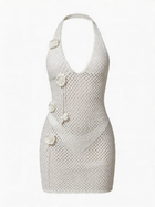 Deep V Halter Flower Appliqué Hollow-out Knit Dress