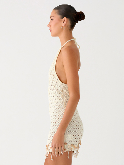 Beach Vacation Beige Crochet Halter Backless Short Dress