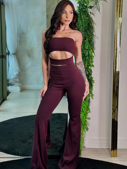 High-Neck Long-Sleeve Slim-Fit Hollow-Out Flared Jumpsuit