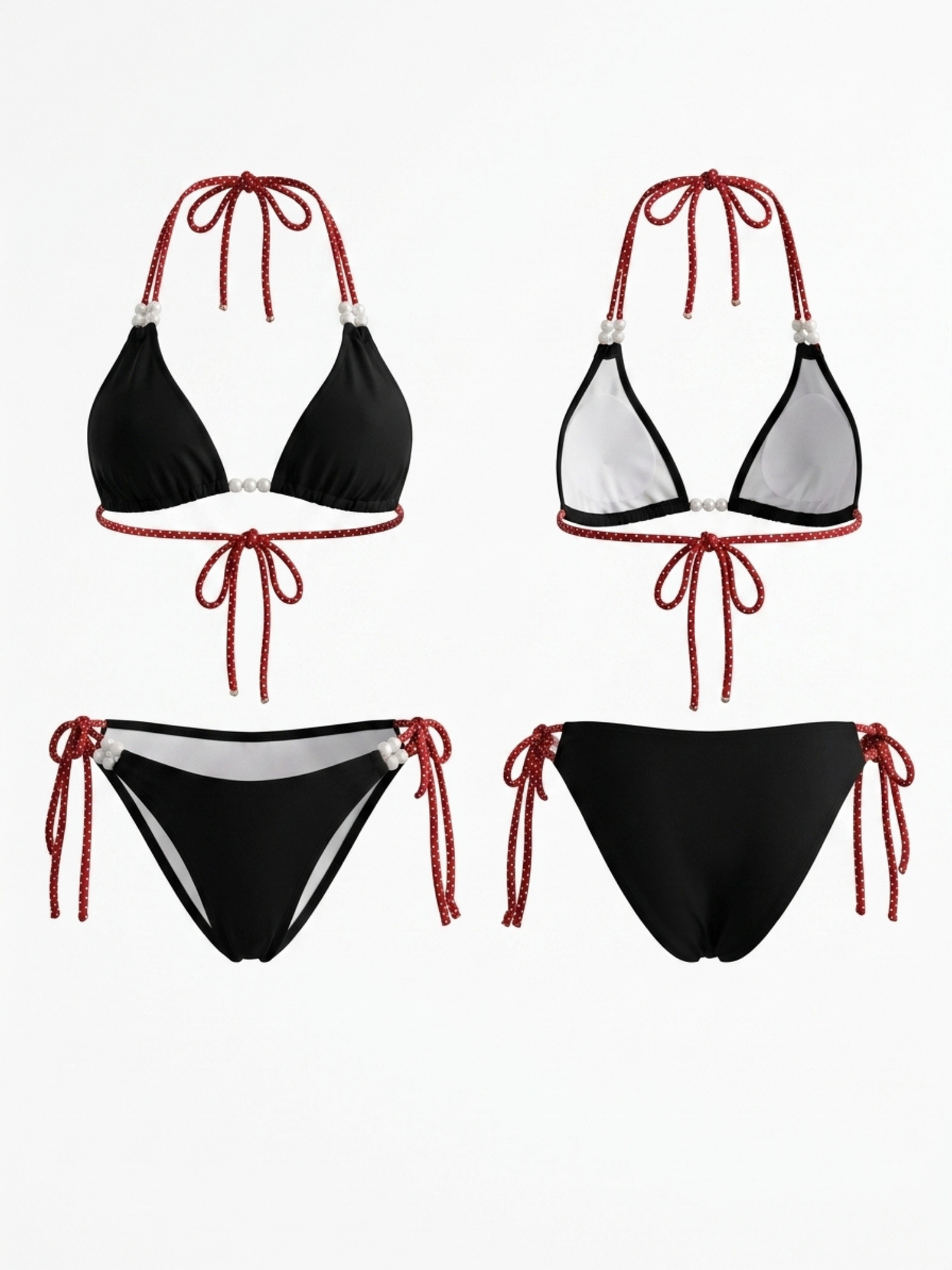 Halter Pearl Detail Red Braided String High Cut Bikini