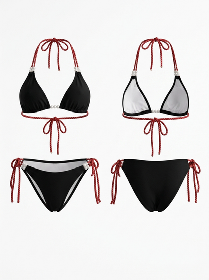 Halter Pearl Detail Red Braided String High Cut Bikini