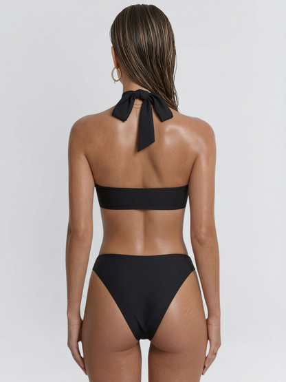 Black Halter O-Ring Gathered High Cut Two Piece Bikini