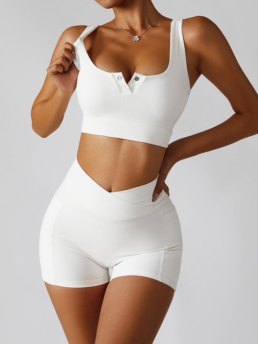 Pocket Ribbed V-shape Waist Button Short Tracksuits X ANECHKAANNN ⭐