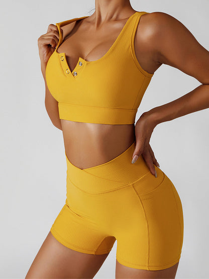 Pocket Ribbed V-shape Waist Button Short Tracksuits X ANECHKAANNN ⭐