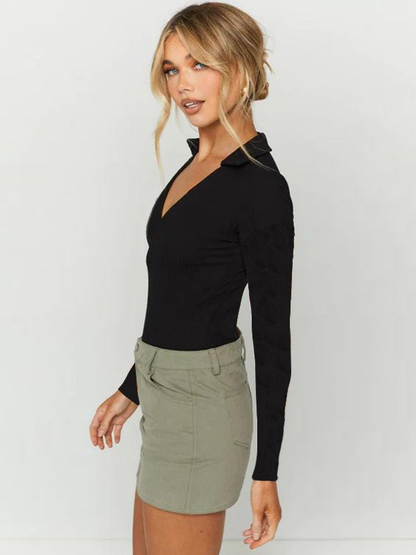 Fashion Sexy Slim-Fit Polo Collar Long-Sleeve Bodysuit