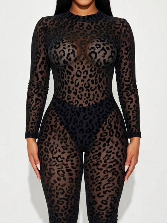 Sexy Leopard Print Mesh Long Sleeves Jumpsuit