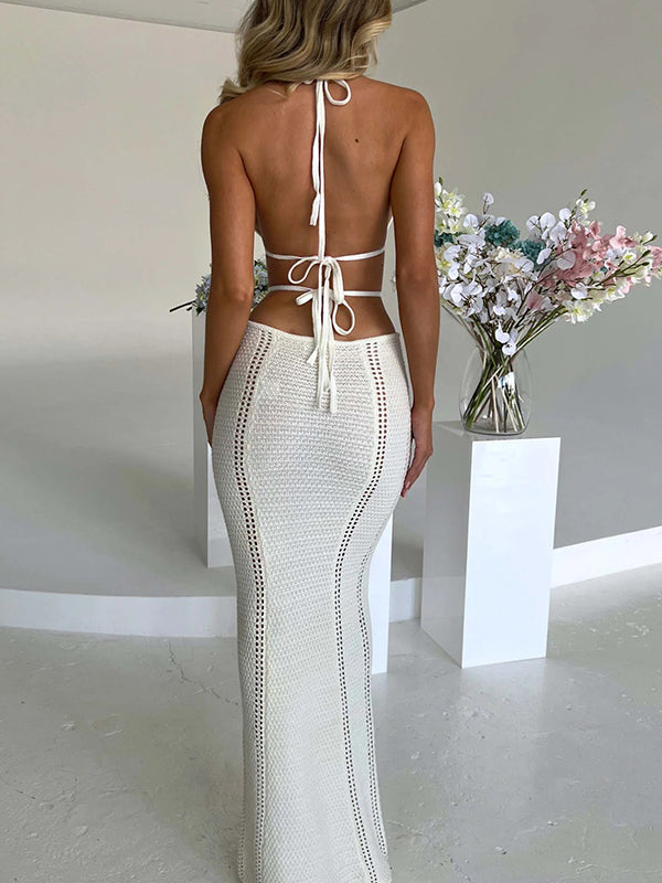 Vacation Style Sexy Halter Strapless Hollow Out Tie Dress