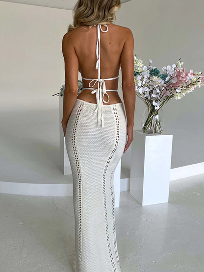 Vacation Style Sexy Halter Strapless Hollow Out Tie Dress