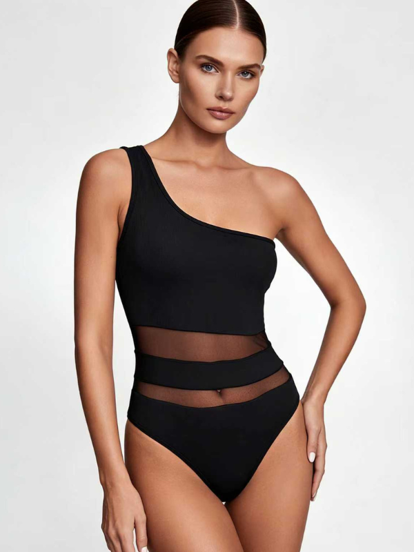 Sexy Fitted Mesh Sleeveless One-Shoulder Bodysuit