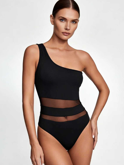 Sexy Fitted Mesh Sleeveless One-Shoulder Bodysuit