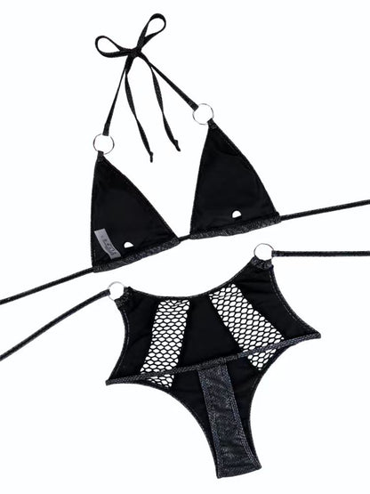 Sexy Faux Leather Snake Print Fishnet Bikini Set
