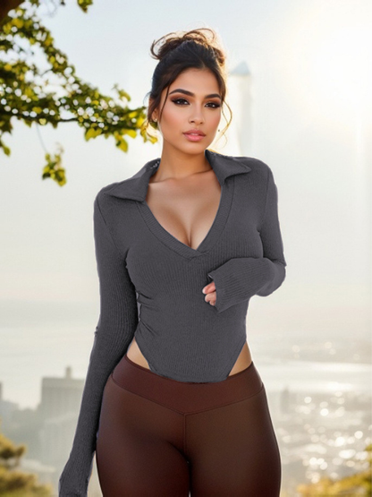 Sexy Trendy Slim-Fit Polo Collar Long-Sleeve Bodysuits