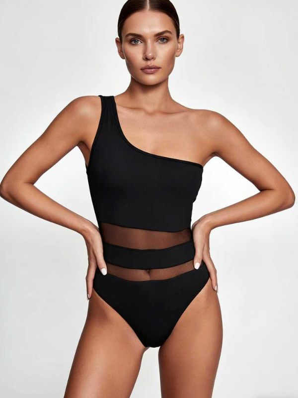 Sexy Fitted Mesh Sleeveless One-Shoulder Bodysuit