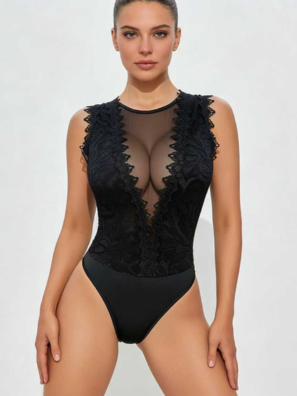 Sexy Lace Trim Sheer Mesh Splicing Cami Bodysuit