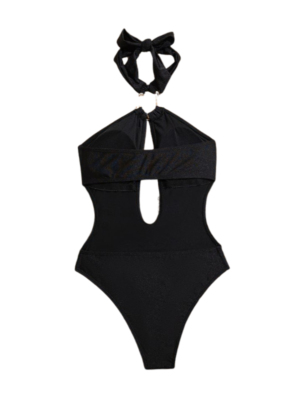 Fashion Metal Ring Halter Sexy One Piece Swimsuit