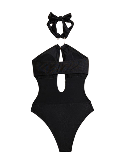 Fashion Metal Ring Halter Sexy One Piece Swimsuit