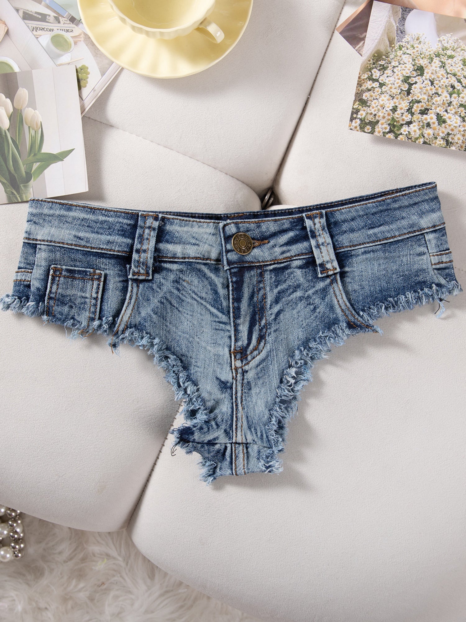 Low Rise Frayed Hem Ultra Short Denim Hot Pants