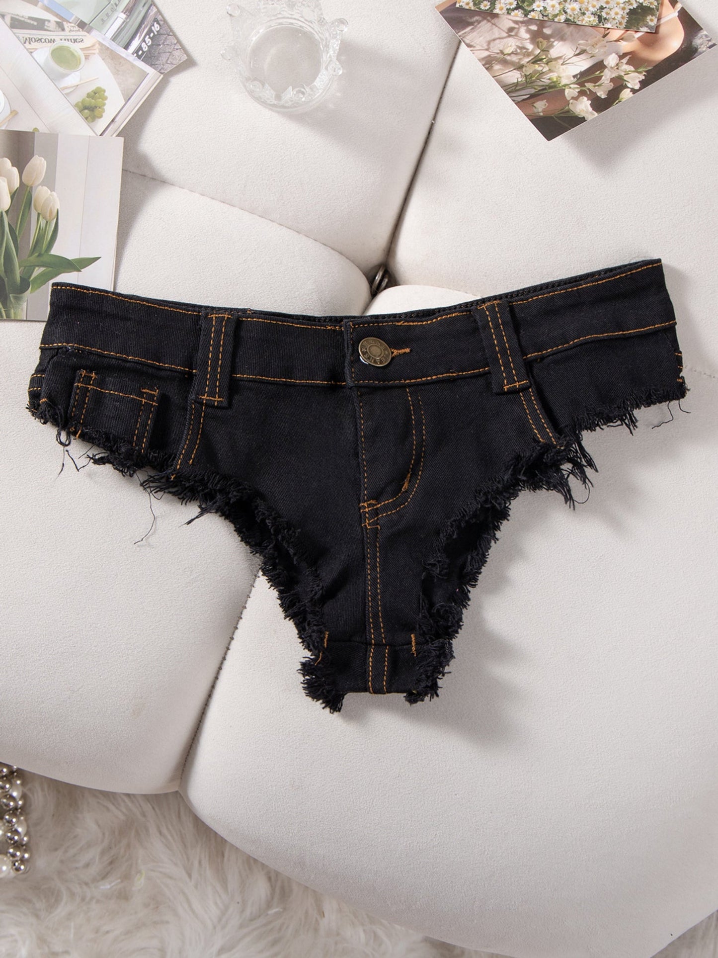 Low Rise Frayed Hem Ultra Short Denim Hot Pants