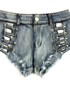 Low Waist Side Cutout Rivet Frayed Denim Shorts
