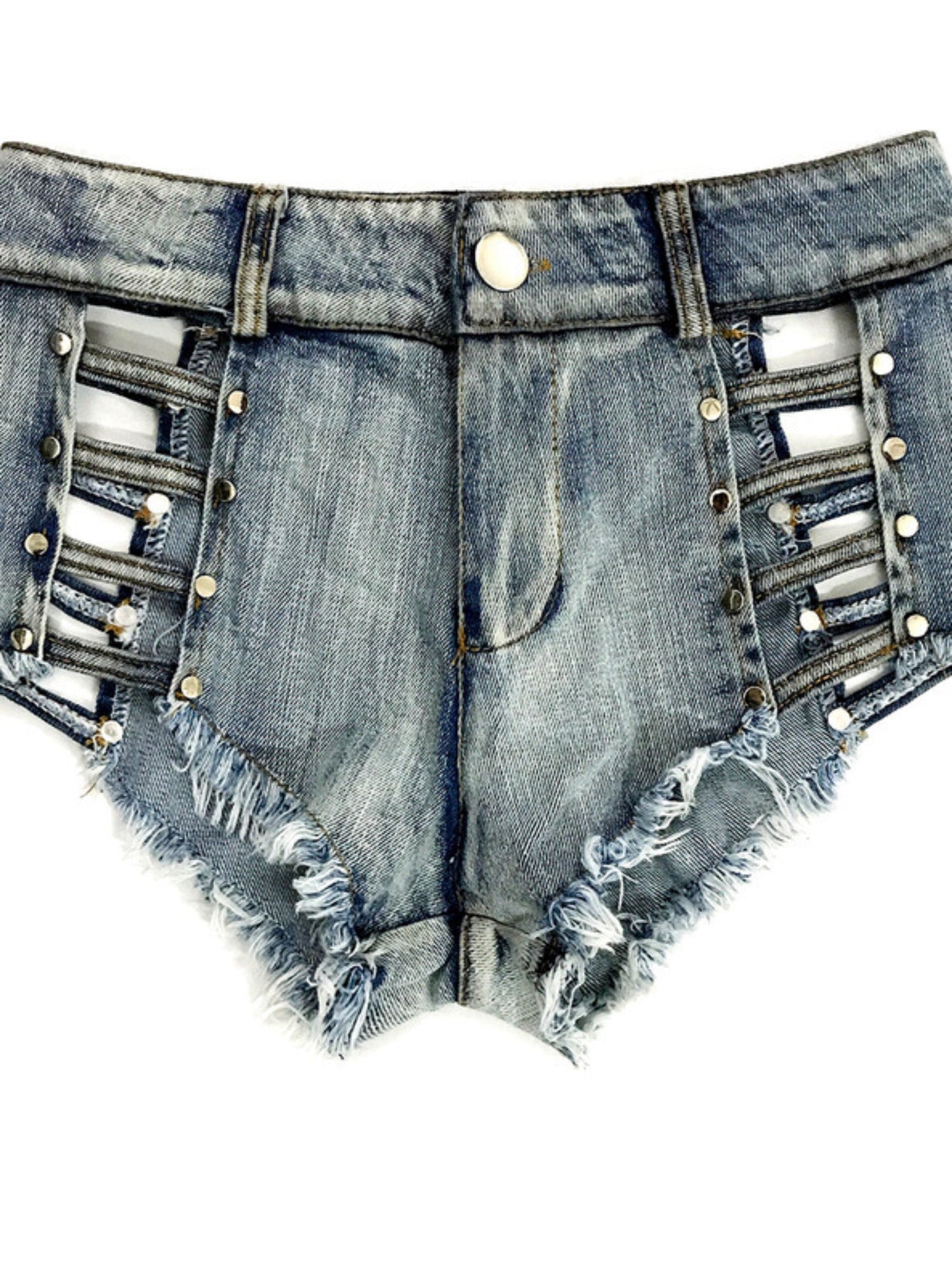 Low Waist Side Cutout Rivet Frayed Denim Shorts
