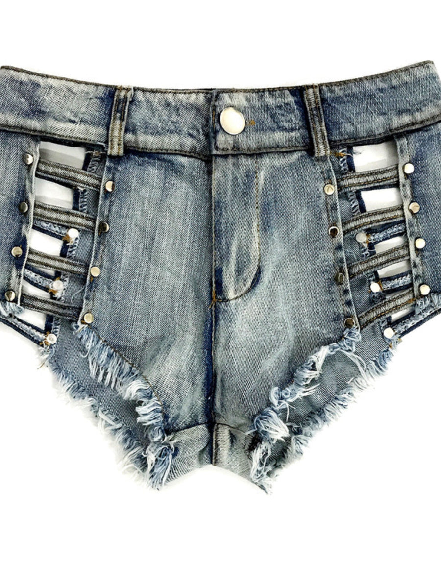 Low Waist Side Cutout Rivet Frayed Denim Shorts