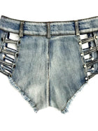 Low Waist Side Cutout Rivet Frayed Denim Shorts