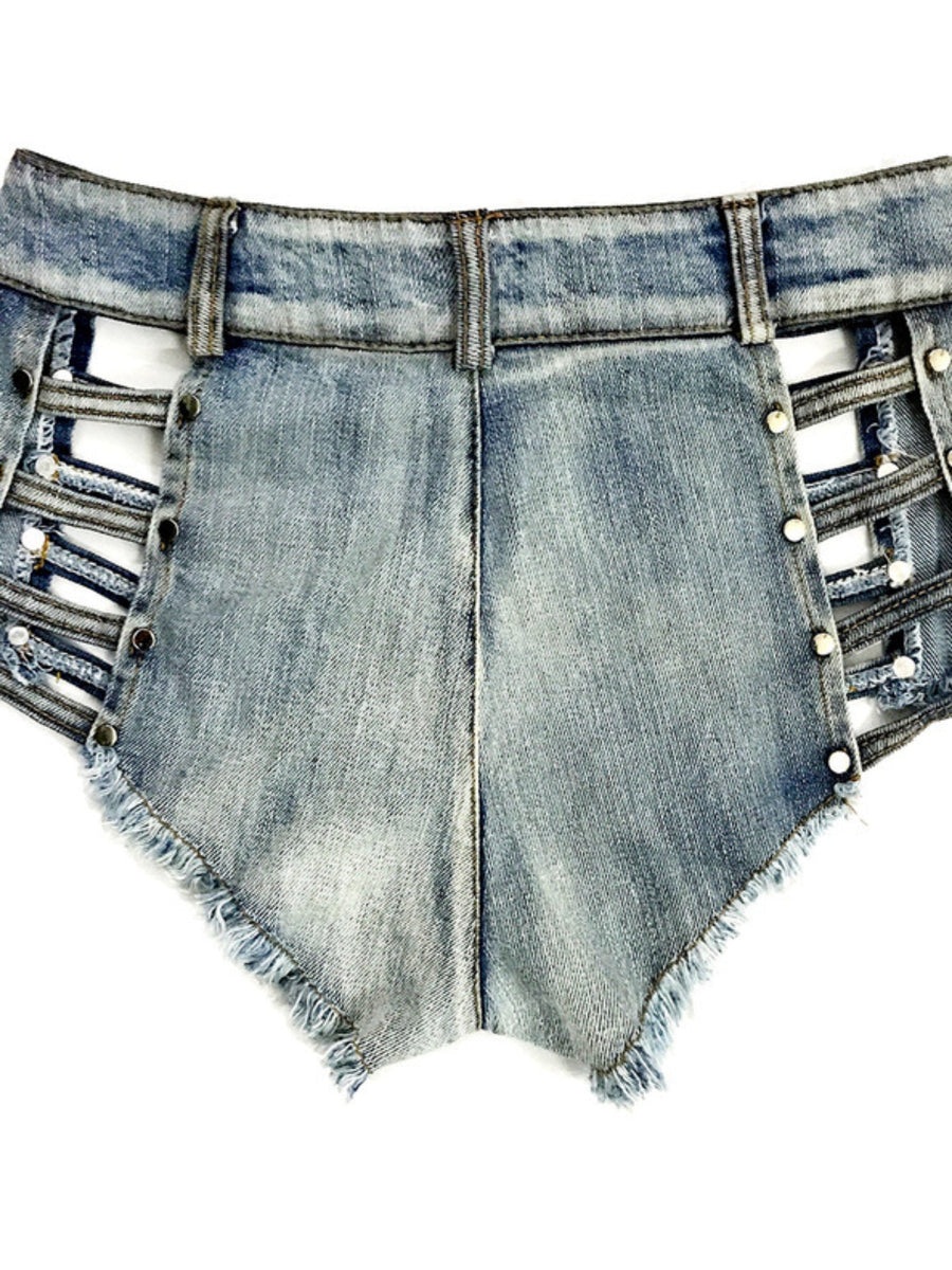 Low Waist Side Cutout Rivet Frayed Denim Shorts