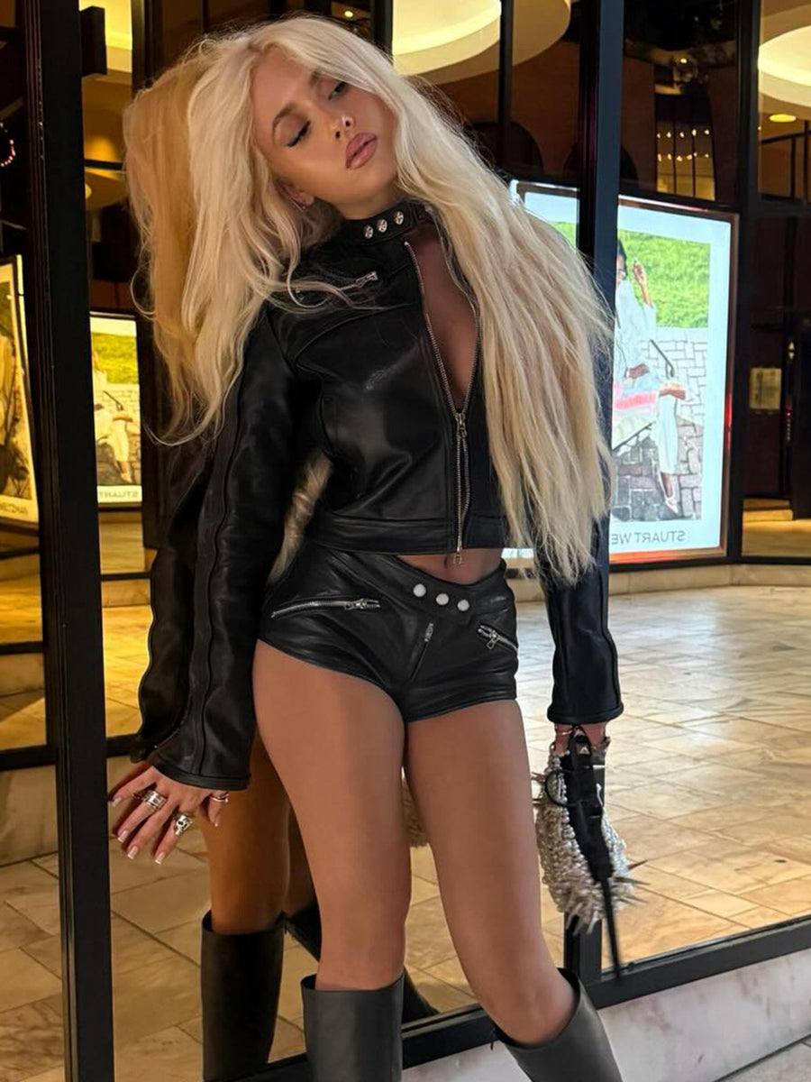Low Waist Metal Button Zipper Faux Leather Shorts