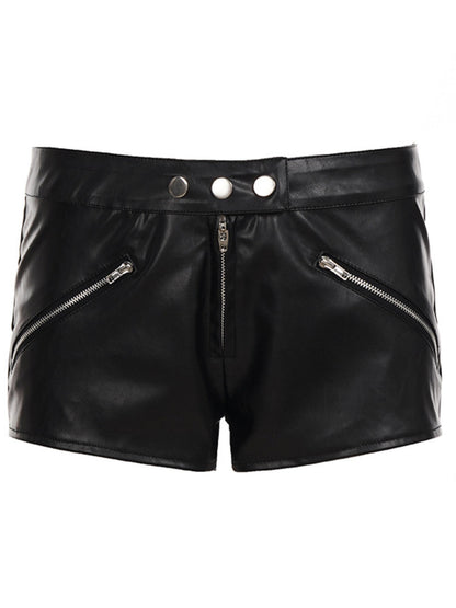 Low Waist Metal Button Zipper Faux Leather Shorts