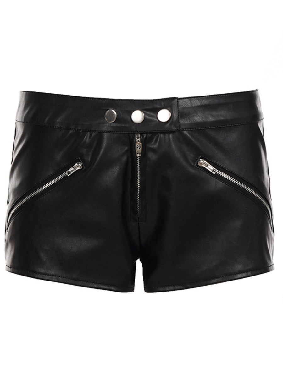 Low Waist Metal Button Zipper Faux Leather Shorts
