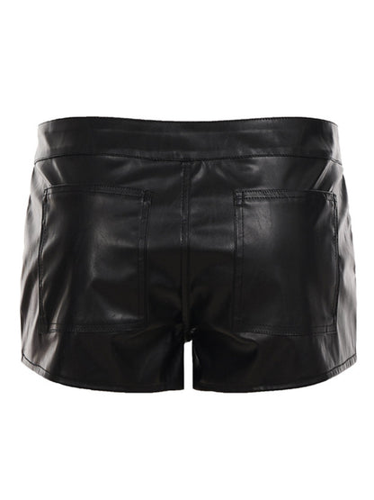 Low Waist Metal Button Zipper Faux Leather Shorts