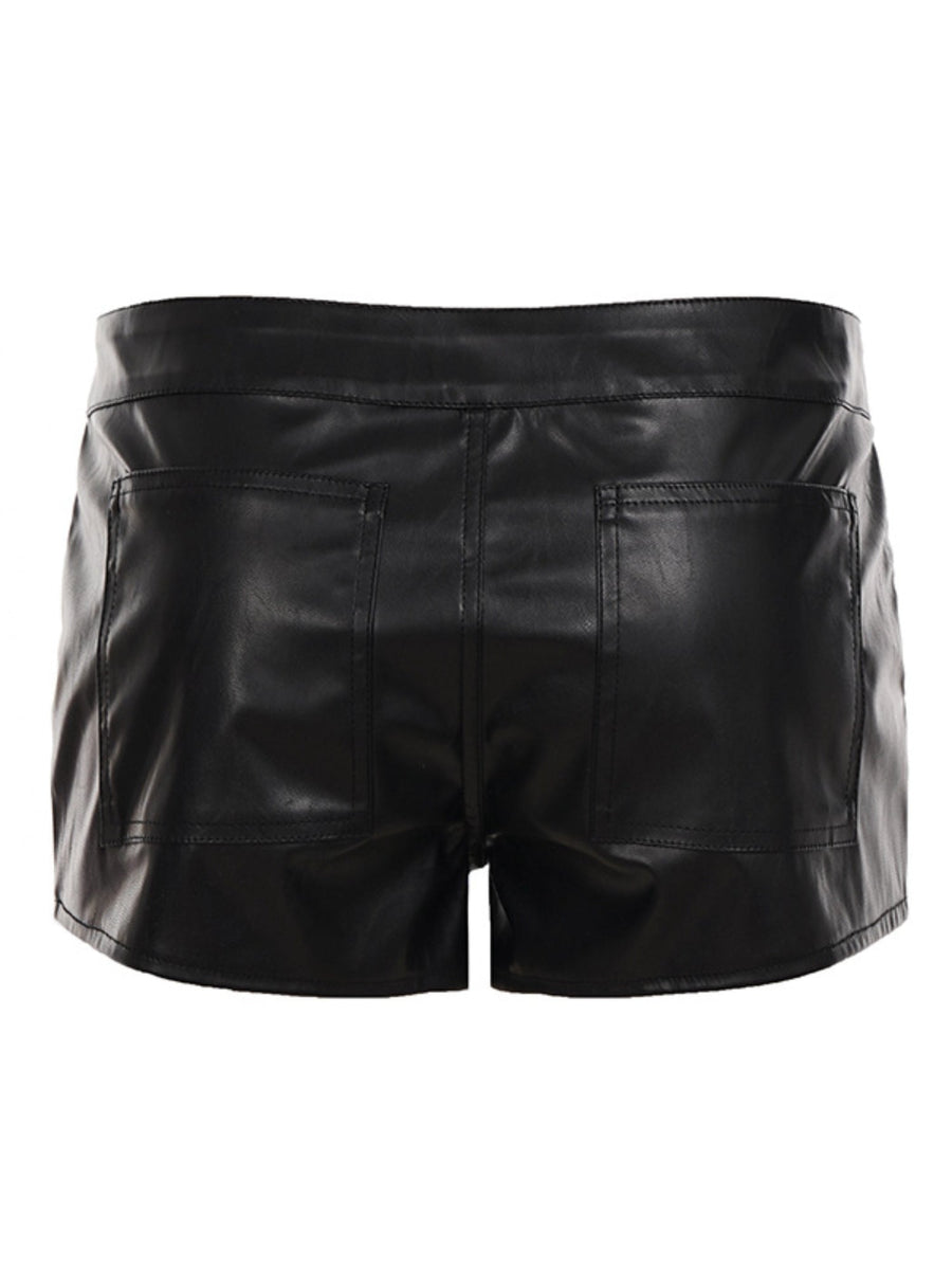 Low Waist Metal Button Zipper Faux Leather Shorts