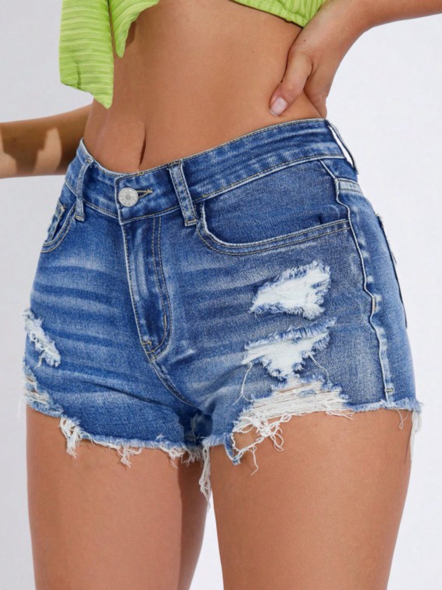 High Waist Ripped Fringe Hem Washed Denim Hot Shorts
