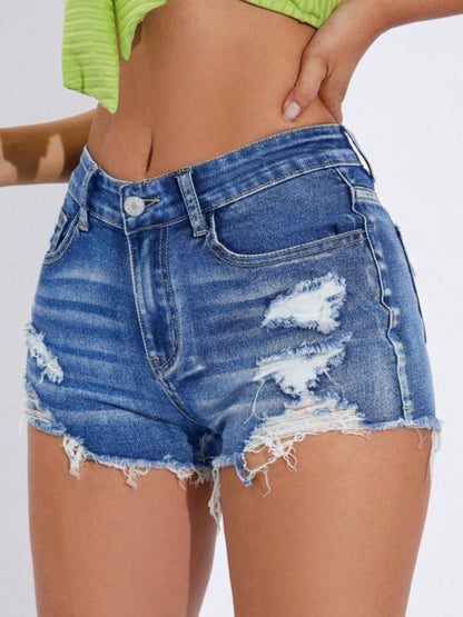High Waist Ripped Fringe Hem Washed Denim Hot Shorts