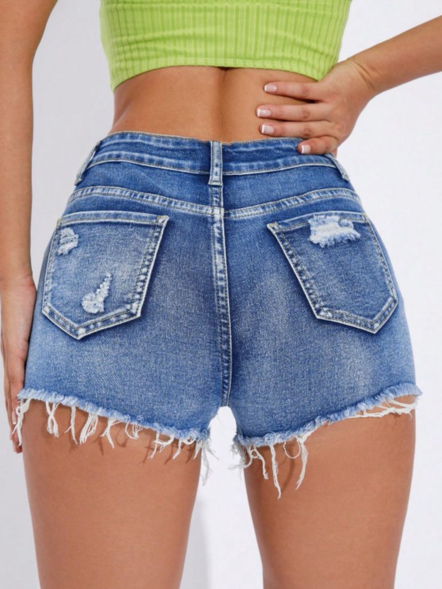 High Waist Ripped Fringe Hem Washed Denim Hot Shorts