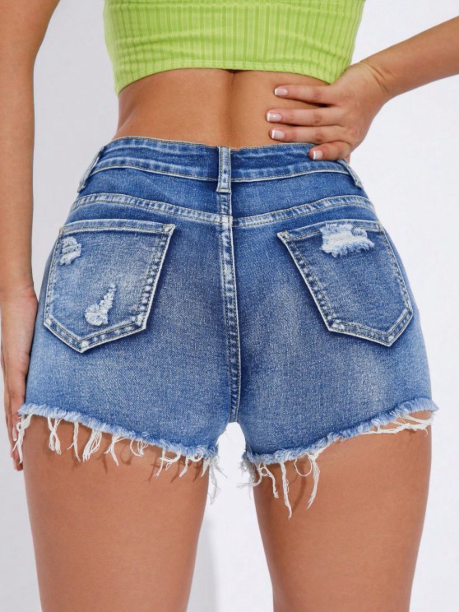 High Waist Ripped Fringe Hem Washed Denim Hot Shorts